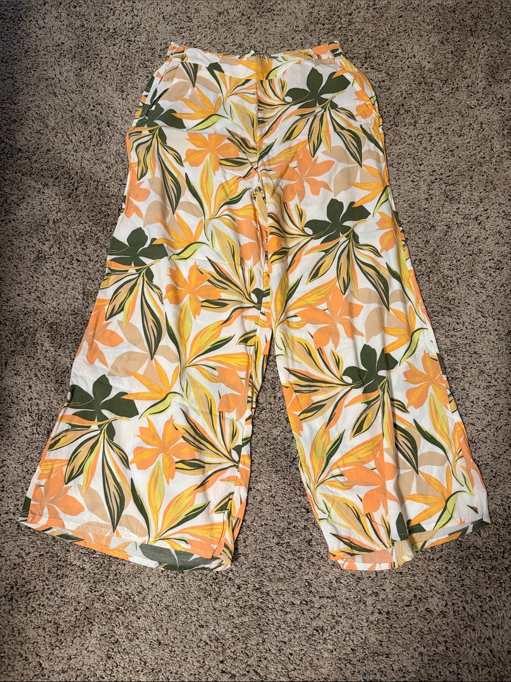 Roxy Floral Wide-Leg Pants in White, Orange & Green